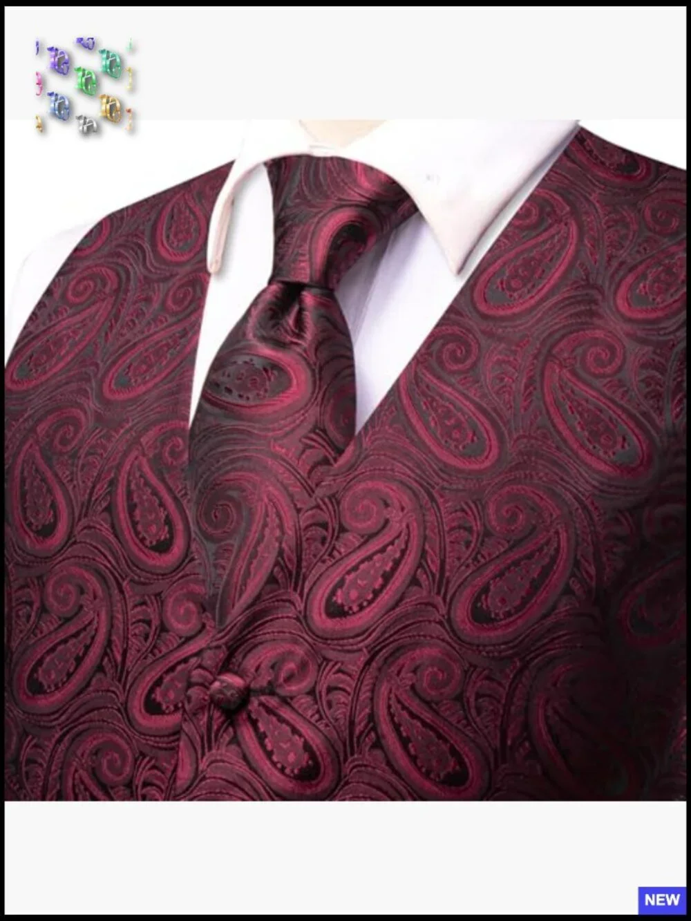 Men's Formal Vest and Tie Set Paisley Floral V-Neck Waistcoat Lapel Pin Clip